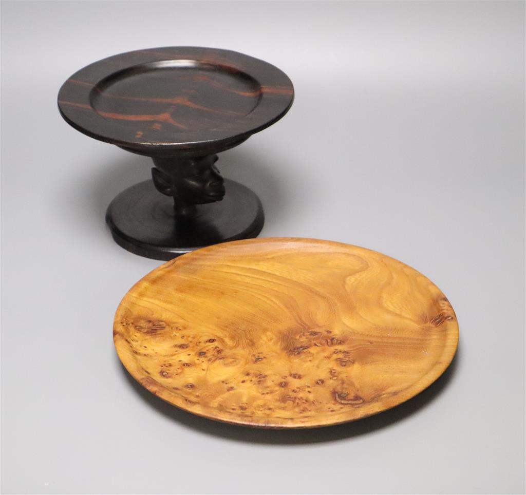 A burr yew bowl by Peter Spear, a carved hardwood stand and an ebony dish